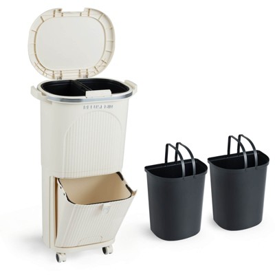 Costway 10 Gallon Kitchen Trash Can with Lid, 2 Removable Buckets, Step Pedal & Wheels