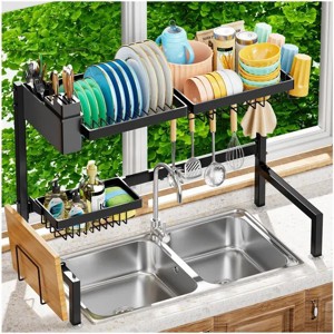 Steel iron Over-the-Sink Dish Drying Rack, Adjustable Width, Multifunctional Kitchen Organizer, Black - 1 of 4