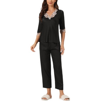 cheibear Women's Satin Half Sleeve Lace Trim Top with Long Pants 2 Piece Sleepwear Sets