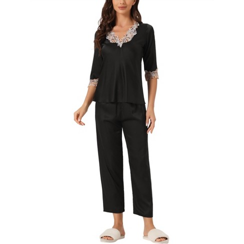 Cheibear Women's Satin Button Down Lounge Sleepwear Tops And Pants