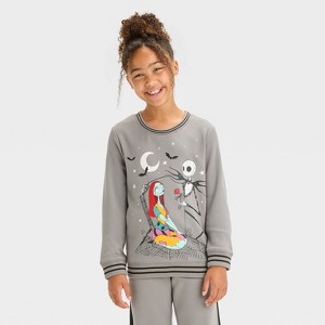 Girls' The Nightmare Before Christmas Jack & Sally Dreamy Fleece Pullover Sweatshirt - Gray - 1 of 4