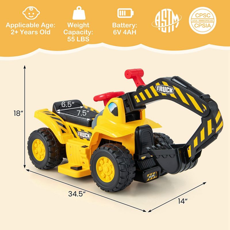Costway 6V Electric Kids Ride On Excavator Pretend Play Toy Tractor w/ Basketball Hoop, 3 of 11