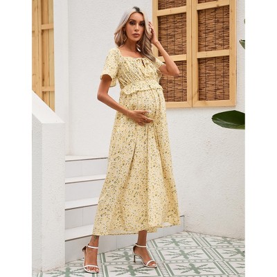 Maternity Square Neck Short Sleeve Dress Summer Smocked Waist Ruffle Boho Maxi Dress Baby Shower Photoshoot