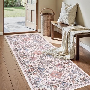 Machine Washable Vintage Floral Printed Area Rug Low Pile Non Slip Stain Resistant Oriental Medallion Design Boho Floor Rug for Living Room Bedroom - 1 of 4