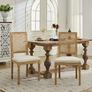 Lyngins 2-Piece Louis Armless Dining Chairs with Square Rattan Backrest & Exquisitely Carved Solid Wood Frame, French Kitchen Chair for Living Room - 1 of 4