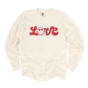 Simply Sage Market Women's Love Smiley Face Long Sleeve Garment Dyed Tee - 1 of 4