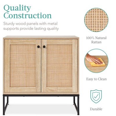 Natural Rattan 2-Door Storage Cabinet with Black Metal Legs