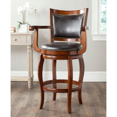 Walnut Brown Leather Swivel Bar Stool with Saber Legs