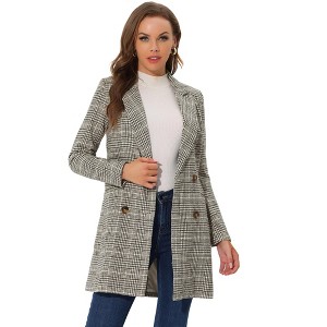 Allegra K Women's Double Breasted Notched Lapel Plaid Overcoat with Pockets - 1 of 4