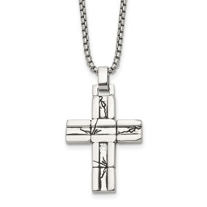 Chisel Stainless Steel Antiqued and Polished Cracked Cross Pendant on a 20" Box Chain Necklace - 1 of 4