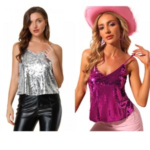 Allegra K Women's Sequined Shining Adjustable Straps Party Sparkle Cami Top 2 Packs - 1 of 4