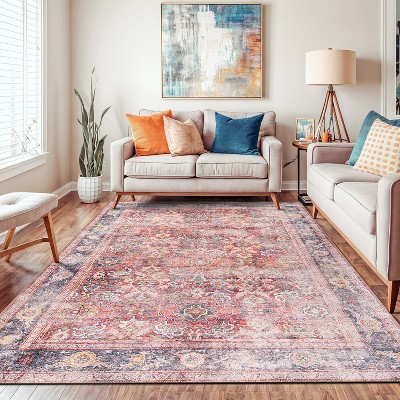 Vintage Red and Blue Synthetic 8' x 10' Washable Area Rug