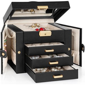 Leather Jewelry Box with Mirror & Lock, 3-Tier Organizer with 2 Drawers for Necklaces & Bracelets - 1 of 4
