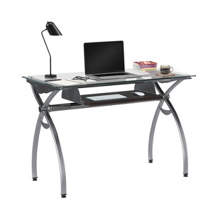 Contemporary Clear Glass Top Computer Desk with Pull Out Keyboard Panel Clear - Techni Mobili: Curved Steel Frame, Mahogany Veneer, Home Office - 1 of 4