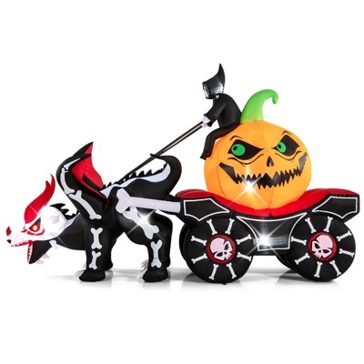 Tangkula 9 FT Halloween Inflatable Grim Reaper Driving Pumpkin Carriage LED Lighted Carriage with Pumpkin & Skeleton Dragon Large Outdoor Decoration