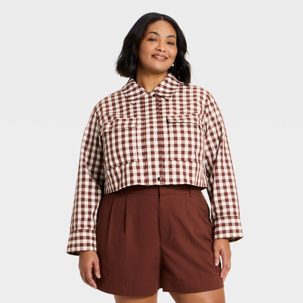 Women's Transitional Cropped Jacket - A New Day™ Brown Gingham 4X
