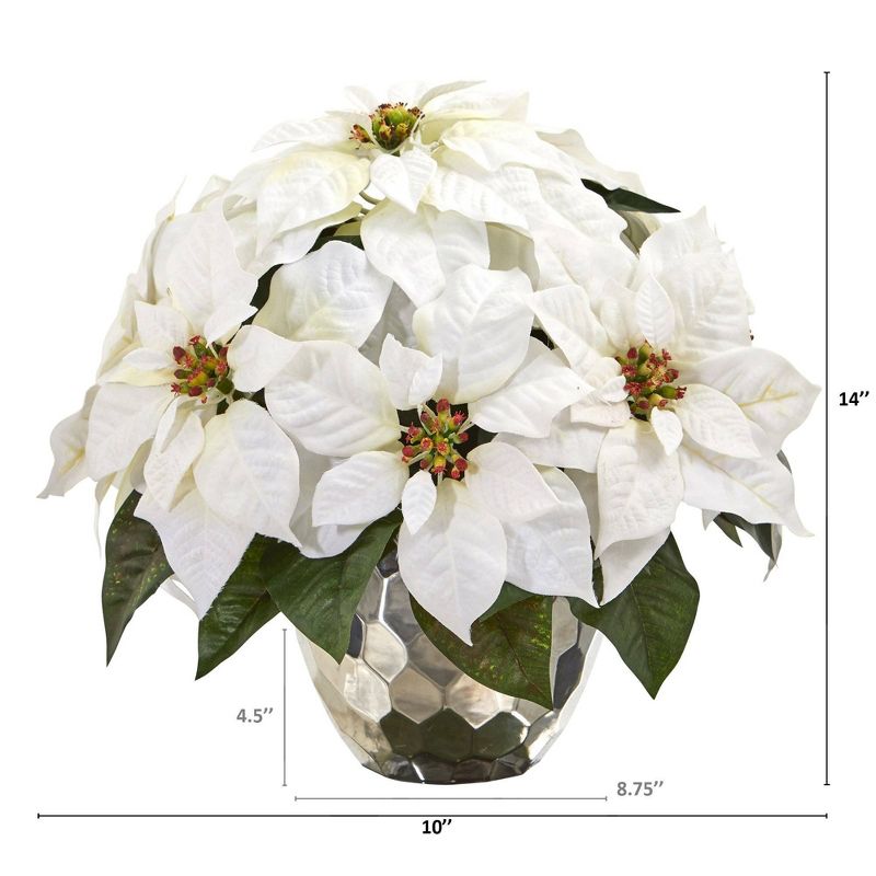 Nearly Natural 14-in Poinsettia Artificial Arrangement in Designer Silver Bowl, 2 of 3