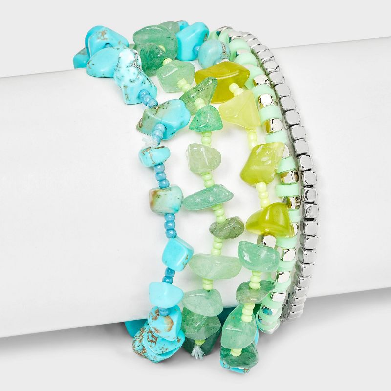 Stretch Bracelet with Semi Precious Jade/Agate/Turquoise Set 5pc - Universal Thread&#8482; Blue/Green/Silver, 2 of 5