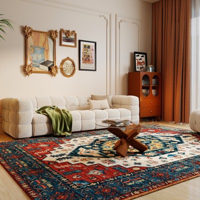 5x7ft Vintage Floral Washable Area Rug, Non-Slip Low Pile Polyester Carpet for Living Room & Bedroom