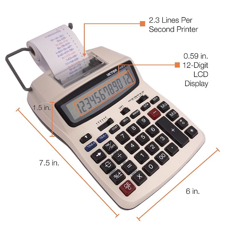 Victor 1208-2 Two-Color Compact Printing Calculator Black/Red Print 2.3 Lines/Sec 12082, 3 of 6