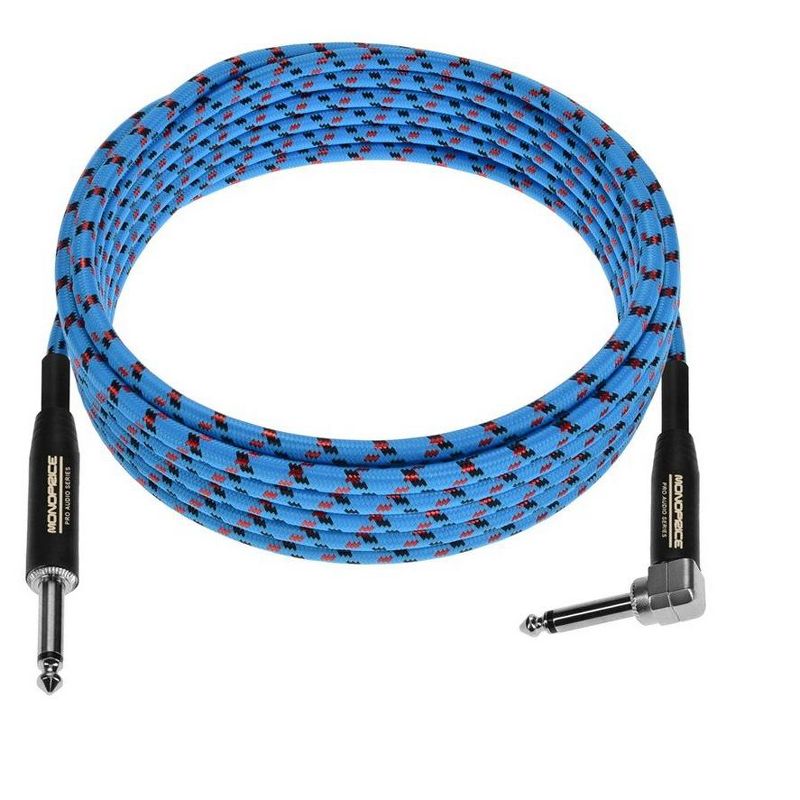 Monoprice Braided Cloth 1/4 Inch (TS) Male Straight to Right Angle 20AWG Guitar/Instrument Cable Cord - 20 Feet- Blue Pattern (Gold Plated), 3 of 7