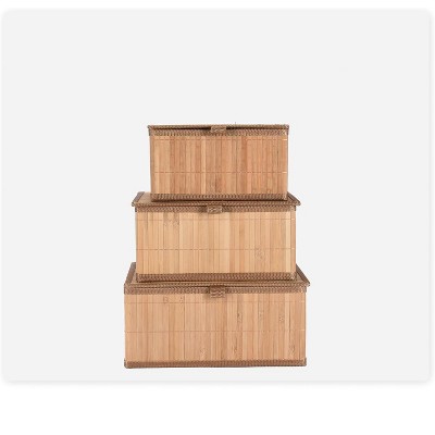 Natural Bamboo Stackable Storage Boxes with Cloth Liner - Set of 3
