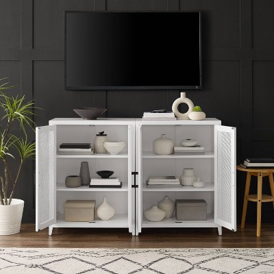 White Freestanding Media Storage Cabinet Set with Poly Rattan Mesh Doors