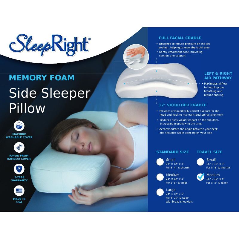 SleepRight Travel Size Side Sleeping Memory Foam Pillow, 4 of 10