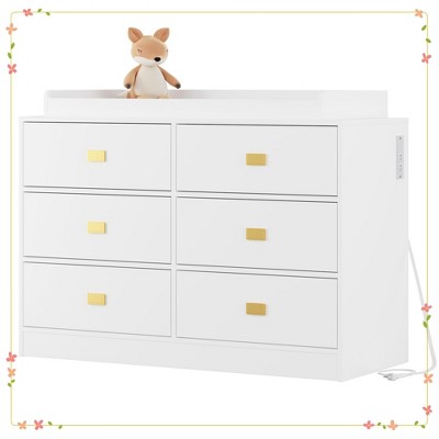 Dresser for Bedroom with 6 Drawers, Changing Table Dresser with Power Outlets