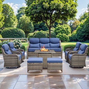 Gymojoy 8 Pieces Outdoor Patio Wicker Sofa Swivel Chair Ottoman with 6 Inch Cushions and Fire Pit Table - 1 of 4