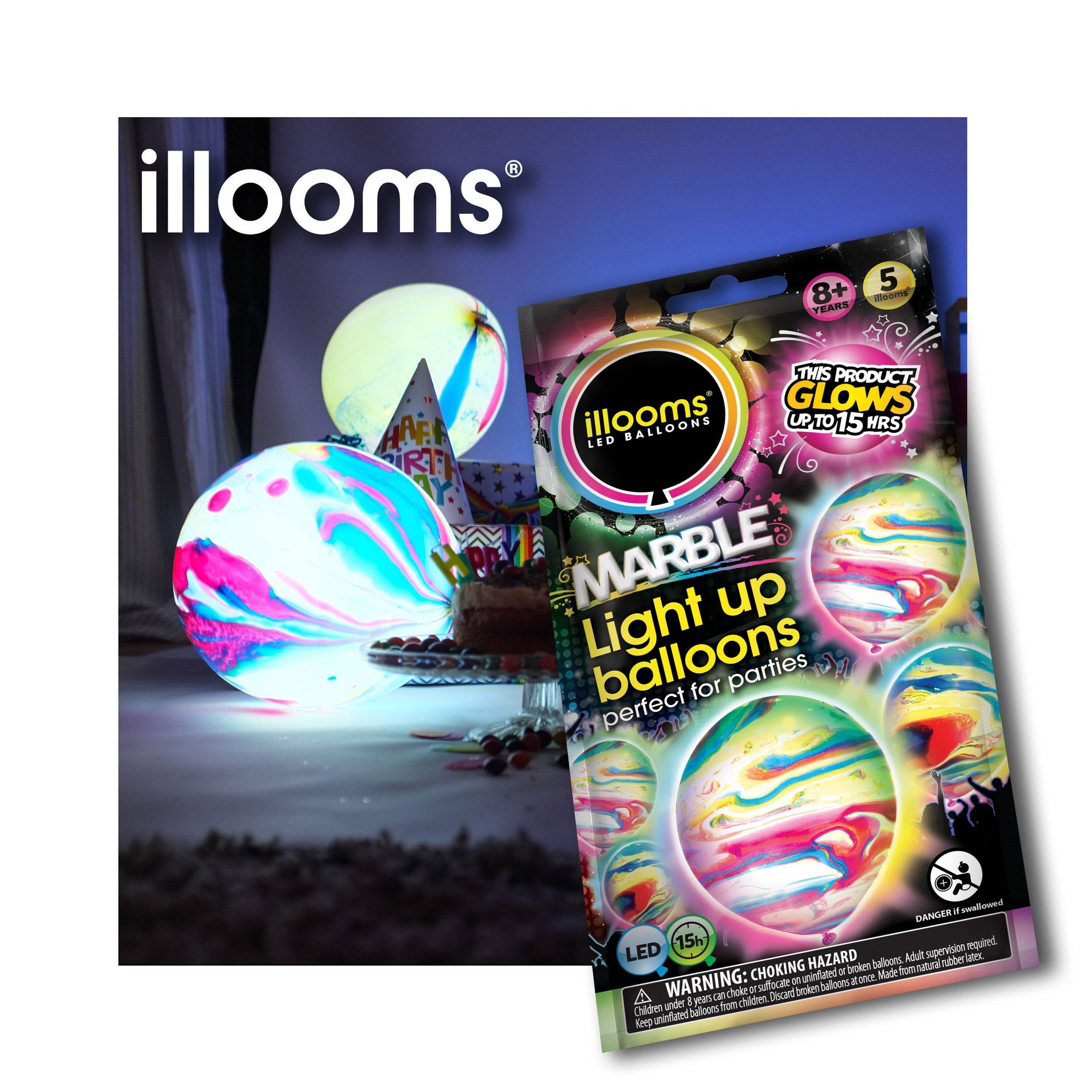 5ct illooms LED Light Up Marble Balloon: Multicolor Latex for Birthday Parties, Includes Batteries, Ages 8+