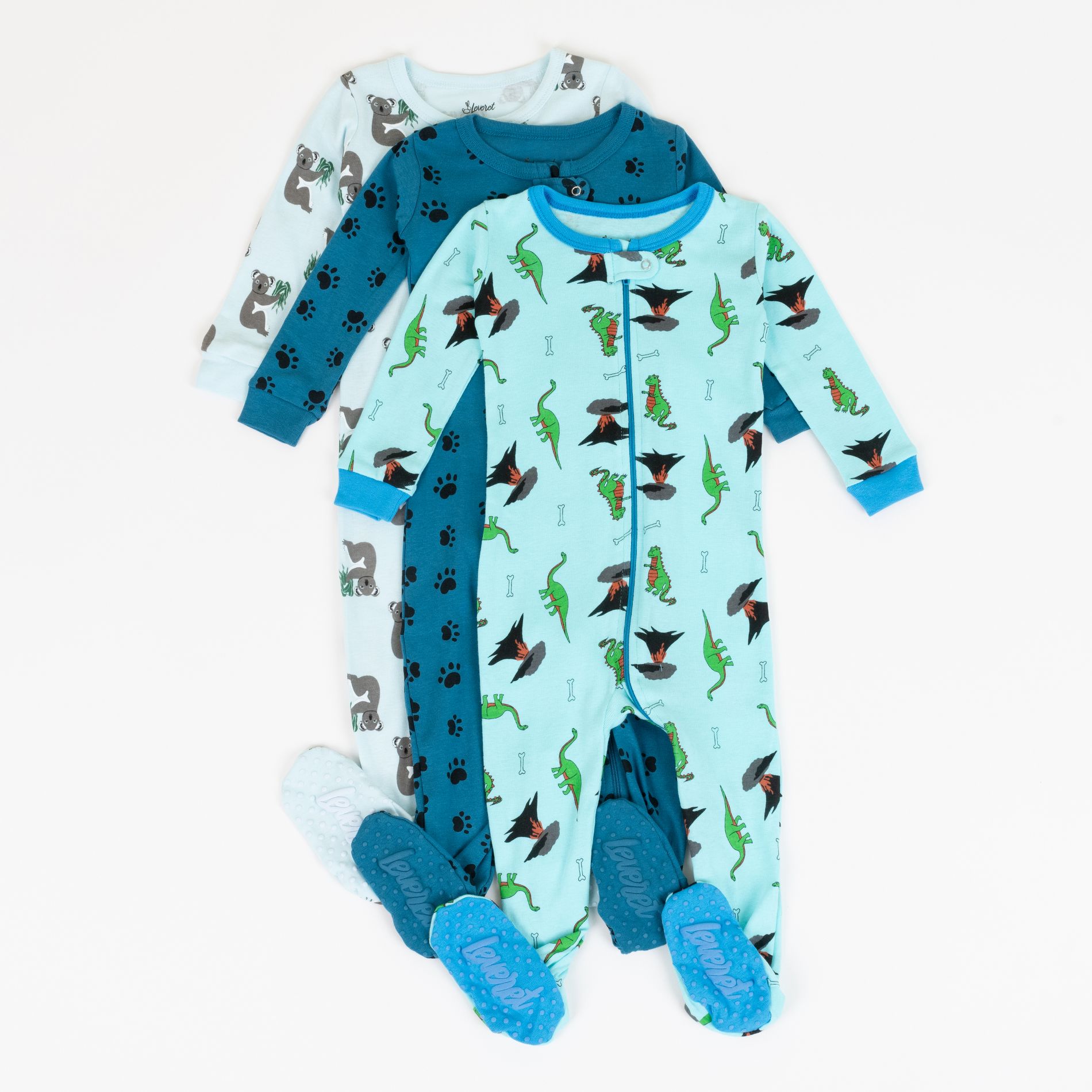 Leveret Boys Cotton Baby Footed Pajamas – 3 Pack – Blue Animal Friends Sleepers 12-18 Month