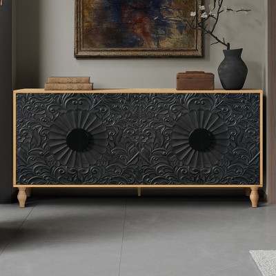 Living Room Cabinet With 4 Carved Symmetrical Design Door And Wood Coloured Frame,Kitchen Cabinet,Storage Cabinet,Indoor Furniture-Maison Boucle