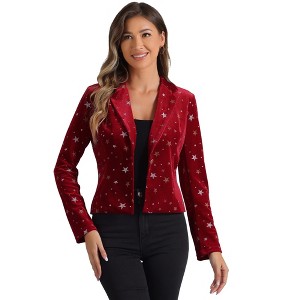 INSPIRE CHIC Women's Metallic Stars Printed Velvet 1 Button Business Office Crop Jacket - 1 of 4
