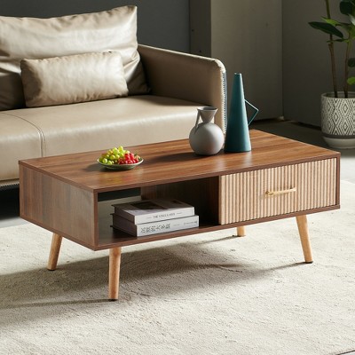 41"W Coffee Table Cocktail Table Center Table with Sliding Drawer, Solid Wood Legs and Adjustable PVC Feet, Natural/White/Walnut-ModernLuxe