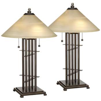 Franklin Iron Works Metro Collection 23 1/2" High Planes 'n' Posts Farmhouse Rustic Accent Table Lamps Set of 2 Pull Chain Metal Amber Art Glass Shade