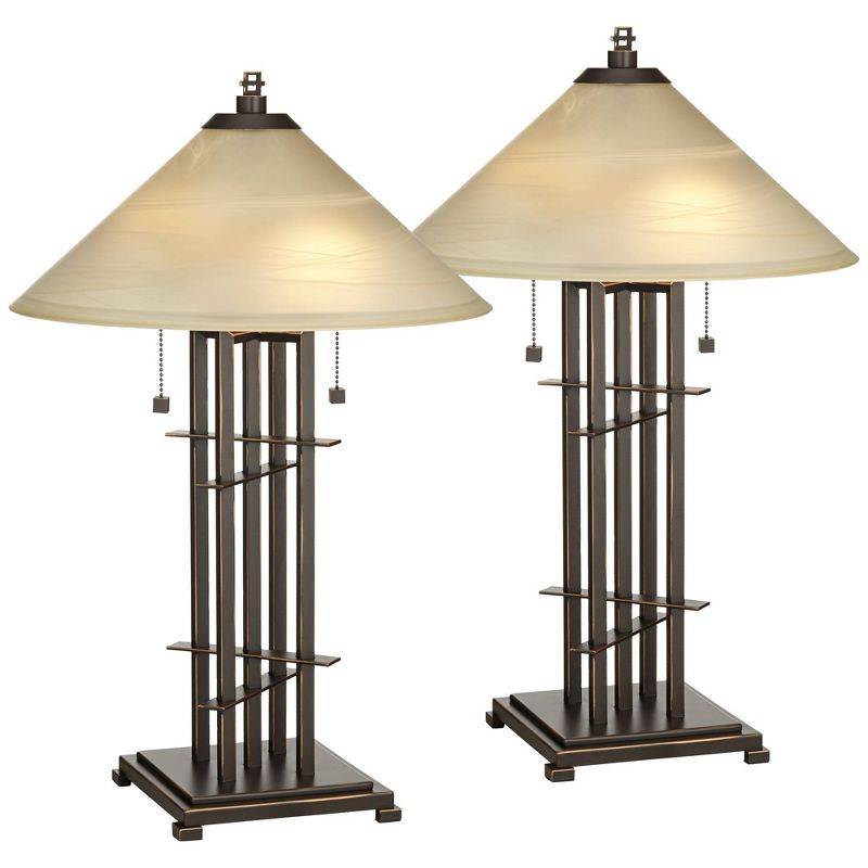 Franklin Iron Works Metro Collection 23 1/2" High Planes 'n' Posts Farmhouse Rustic Accent Table Lamps Set of 2 Pull Chain Metal Amber Art Glass Shade, 1 of 10