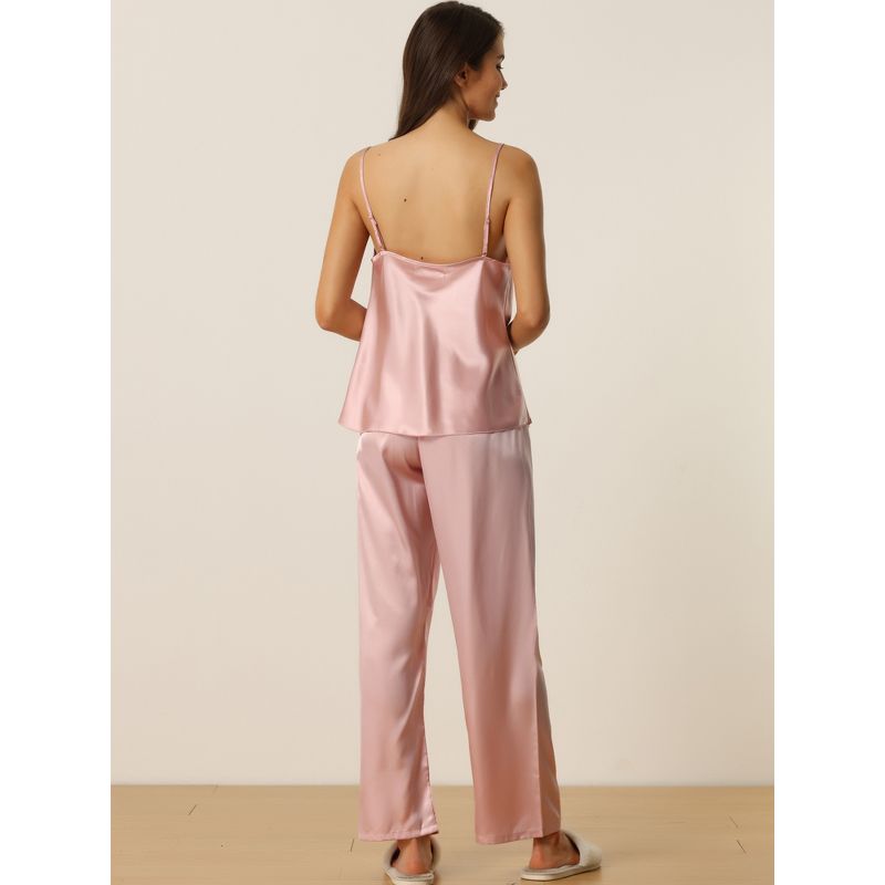 cheibear Women's Satin Cowl Neck Cami Top with Long Pant PJ Loungewear Silky Pajama Set, 4 of 7