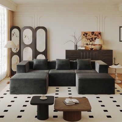 106.7" Corduroy Modular Boneless U-Shaped Sectional Sofa with 2 Ottoman, High-Density Memory Foam, Flexible Configurations, Plush Cushions