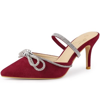 Perphy Women's Pointed Toe Solid Color Slip on Rhinestones Bow Stiletto Heel Mules