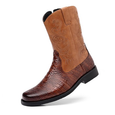 Santimon Men's Crocodile Western Cowboy Boots, Side Zipper, Mid Calf Wide Square Toe Boots