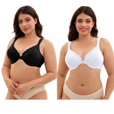 INSPIRE CHIC 2 Pcs Women's Front Closure Lace Trim Underwire Adjustable Straps Plunge Bras