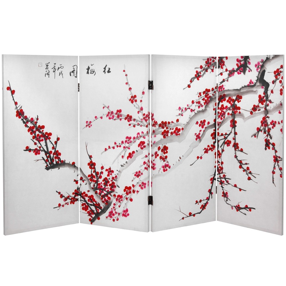 Oriental Furniture 36" x 50.4" Double Sided Plum Blossom 4 Panel Room Divider