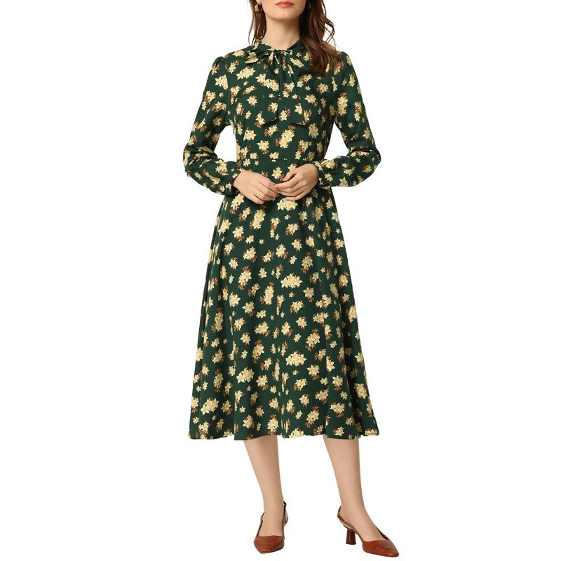 Allegra K Women's Floral Print Bow Tie Neck Long Sleeve Belted Casual Flowy Midi Dress, 1 of 6