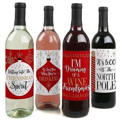 Big Dot of Happiness Red and Gold Friendsmas - Friends Christmas Party Decorations for Women and Men - Wine Bottle Label Stickers - Set of 4