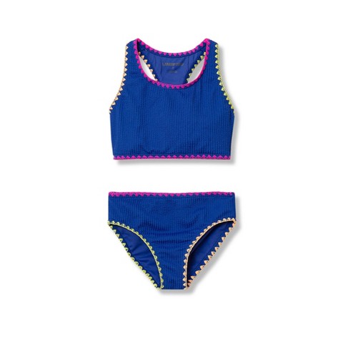 Lands' End Kids Chlorine Resistant Embroidered Bikini Swimsuit Set - Large - Dazzling Blue