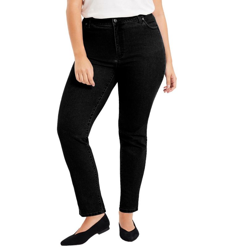 June + Vie by Roaman's Women's Plus Size Curvie Fit Straight-Leg Jeans, 1 of 2