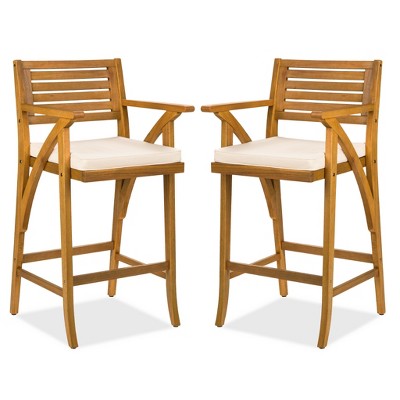 Best Choice Products Set of 2 Outdoor Acacia Wood Bar Stools Bar Chairs w Weather Resistant Cushions Teak Finish