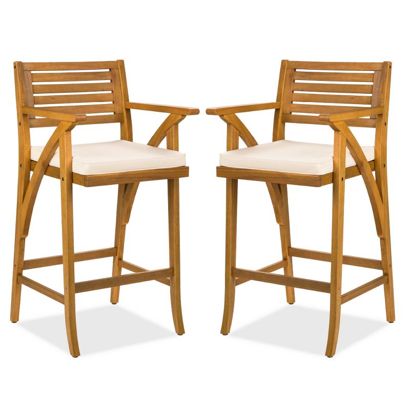 Best Choice Products Set of 2 Outdoor Acacia Wood Bar Stools Bar Chairs w/ Weather-Resistant Cushions - Teak Finish, 1 of 10