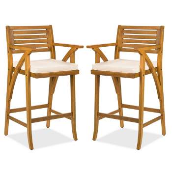 Best Choice Products Set of 2 Outdoor Acacia Wood Bar Stools Bar Chairs w/ Weather-Resistant Cushions - Teak Finish